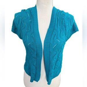 Kim Rogers Shrug Sweater Women’s Size Small Open Front Short Sleeves Turquoise